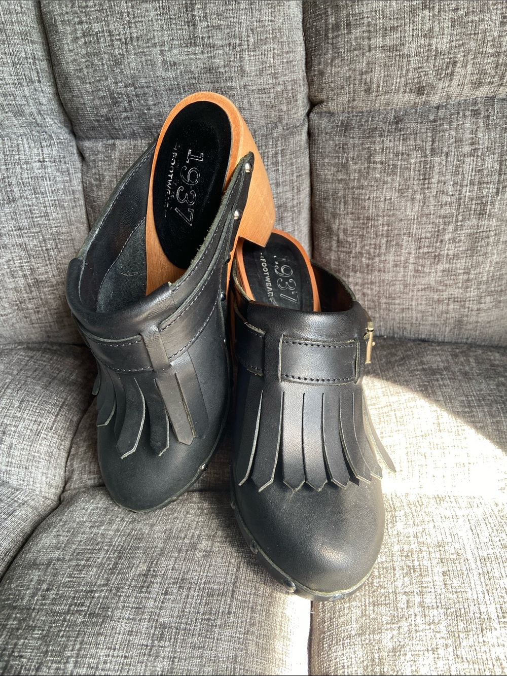 Madewell Black Leather Fringe Mules with Wood Heel